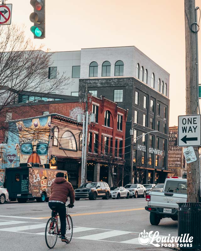 Nulu at dusk on the Bourbon Food Tour in NuLu with Louisville Food Tours Louisville Kentucky